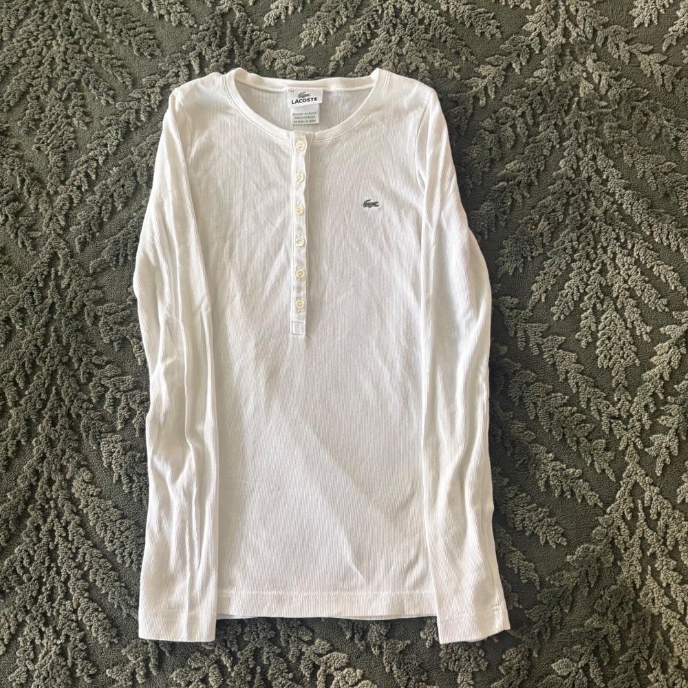 Lacoste Womens White Ribbed Long Sleeve Henley Top Size 34 Logo Slim Fit